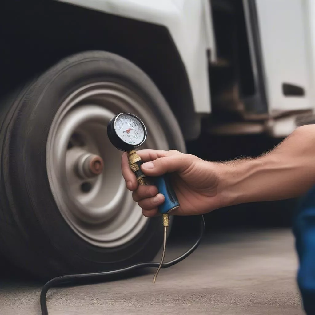 Checking truck tire pressure