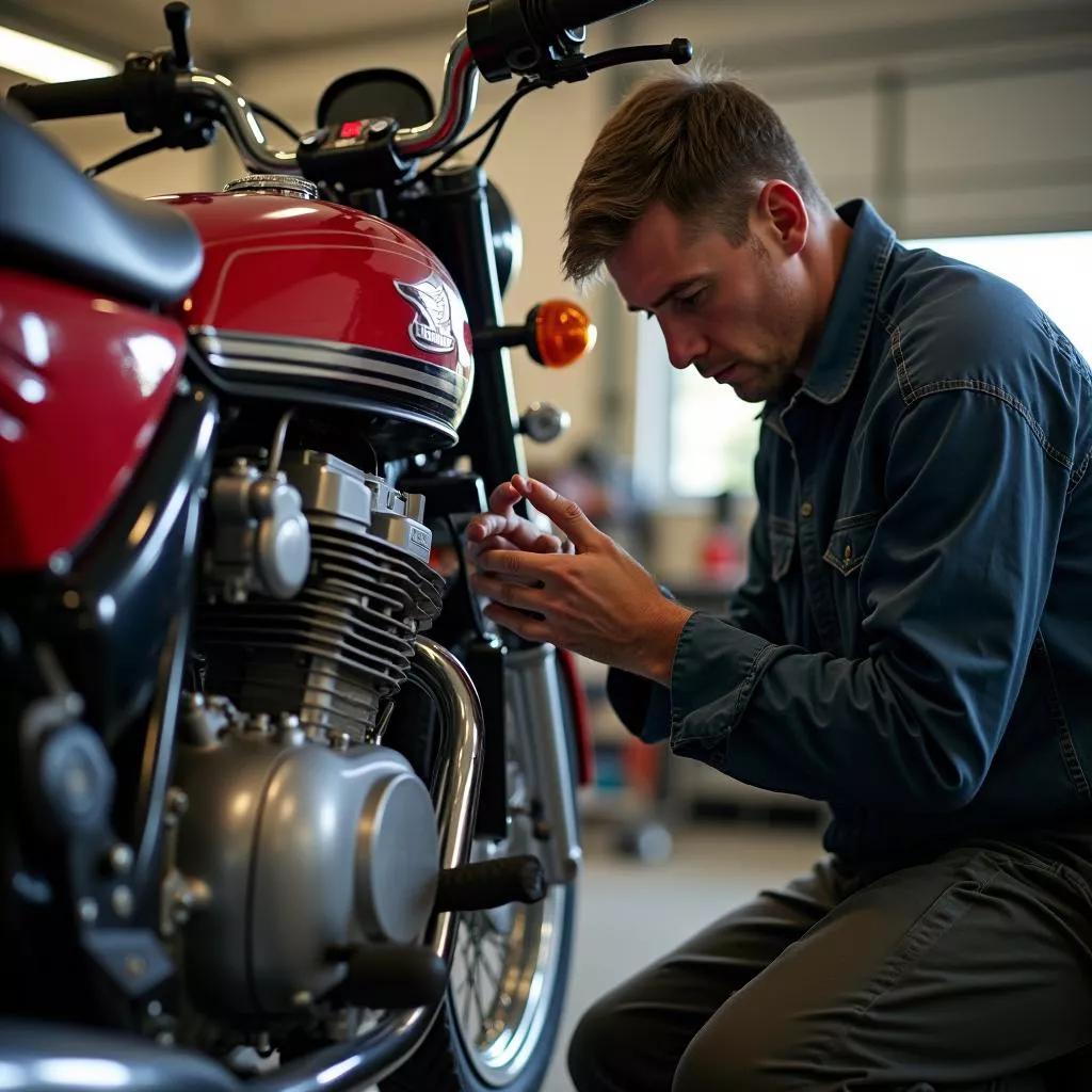 A mechanic inspecting the engine of a used Honda Dream motorcycle