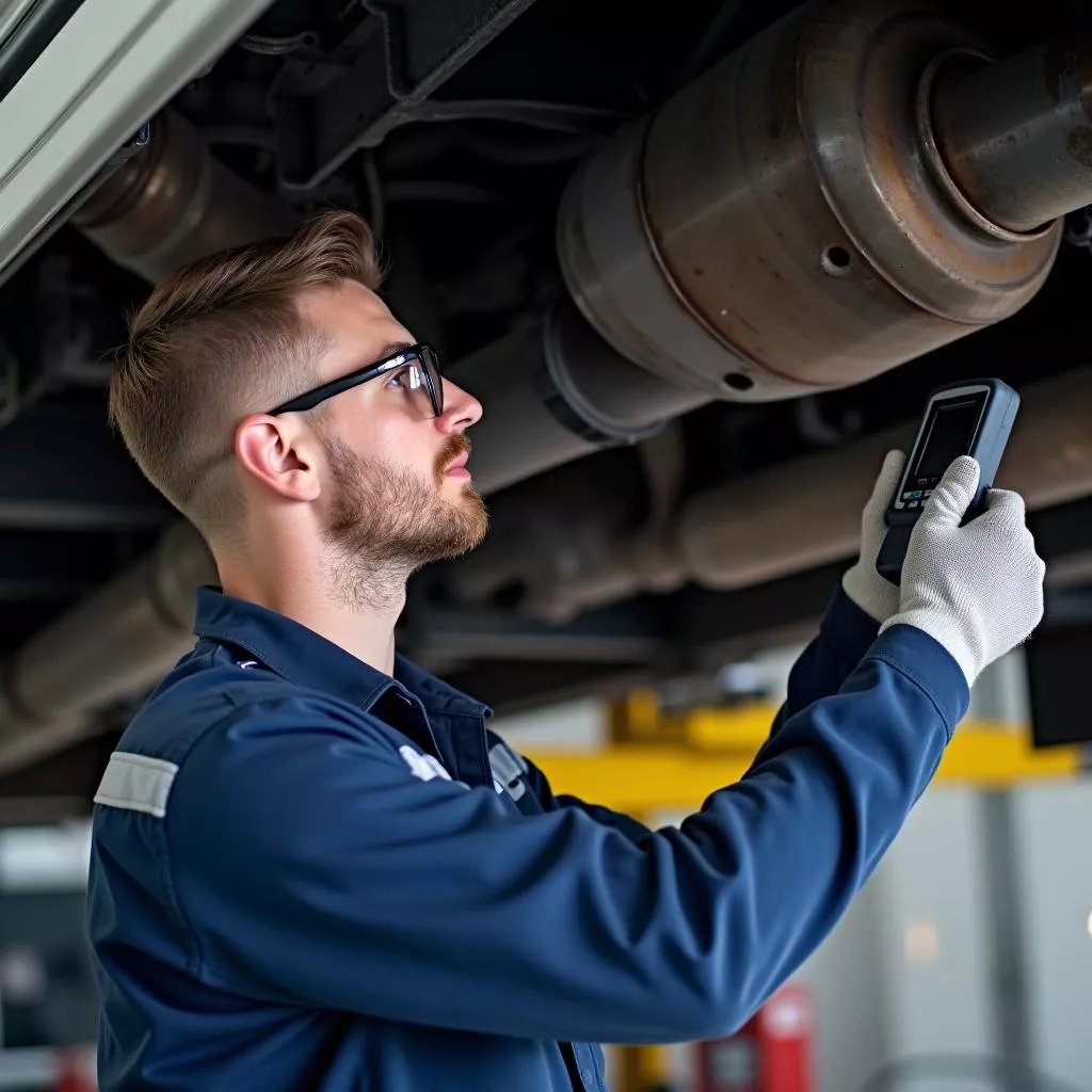 Kỹ thuật viên kiểm tra hệ thống khí thải xe tải