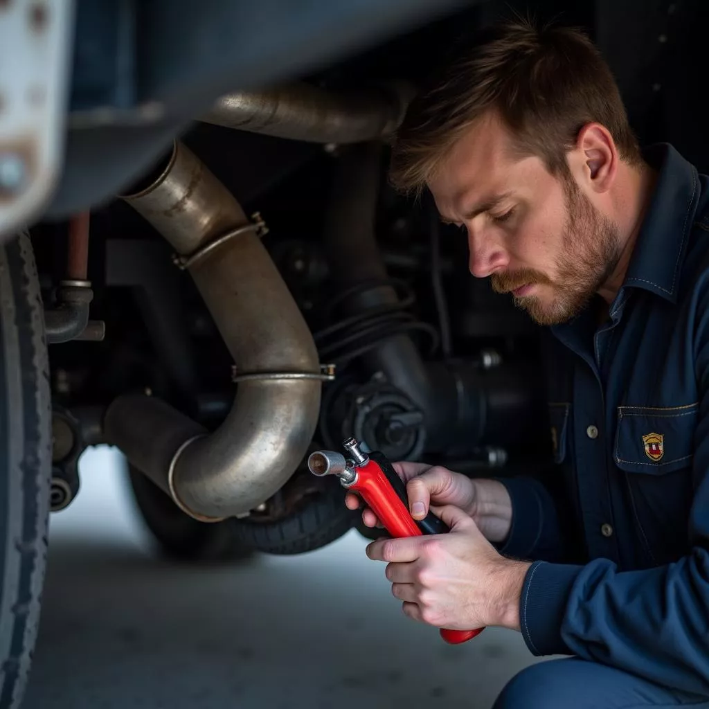 Ein Mechaniker überprüft die Abgasanlage eines LKWs