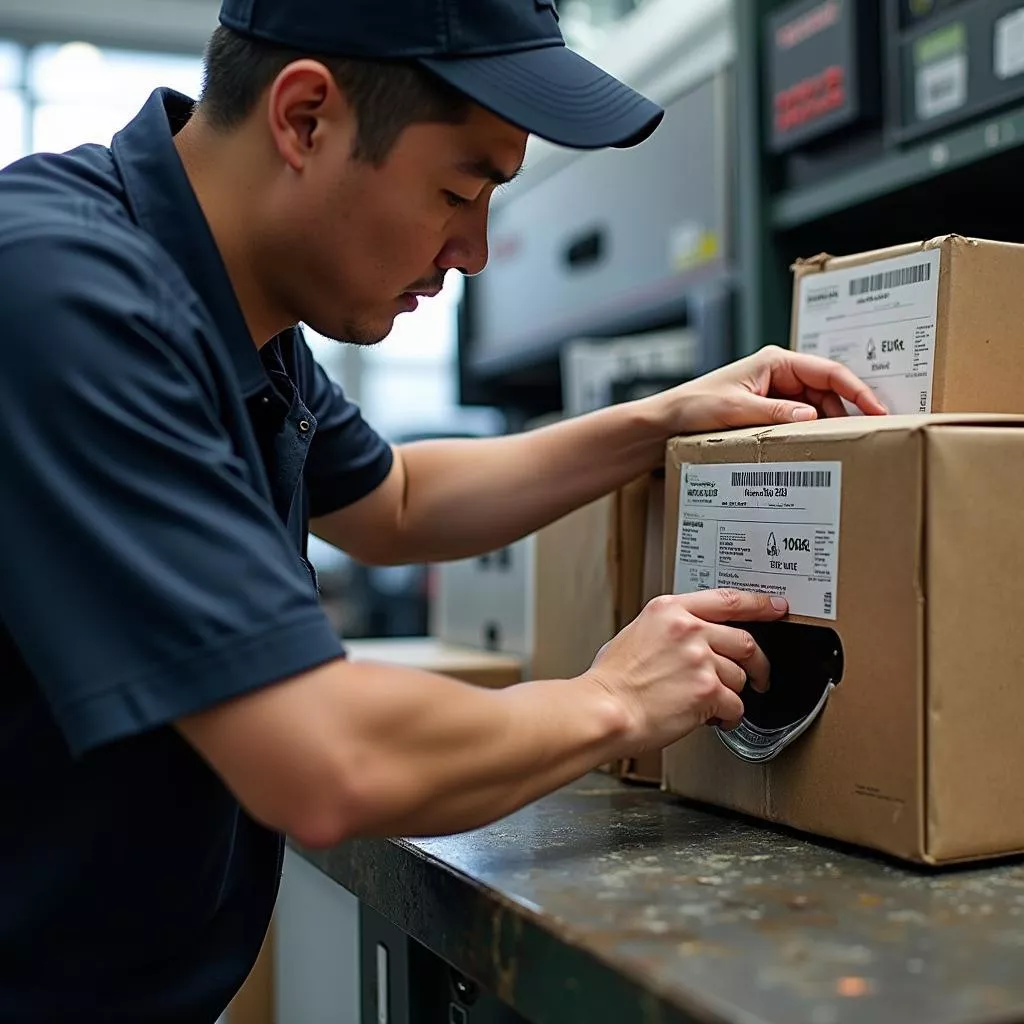 부품의 라벨을 검사하는 모습