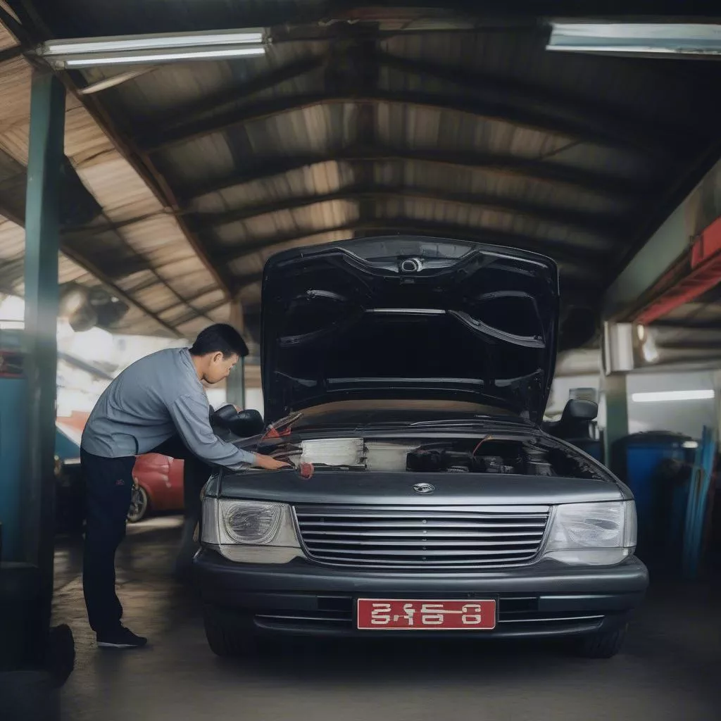 Mechanic inspecting a used car at a garage