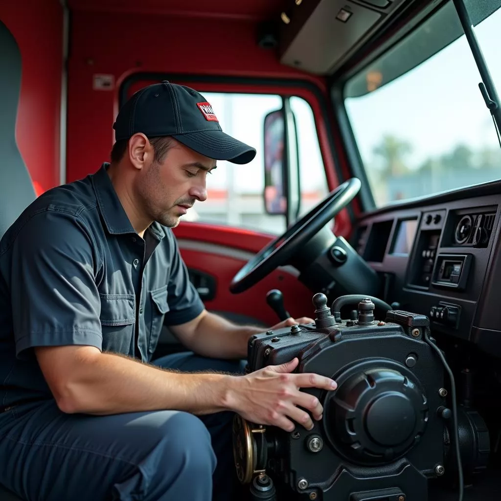 Inspeção do motor de um camião trator Howo usado
