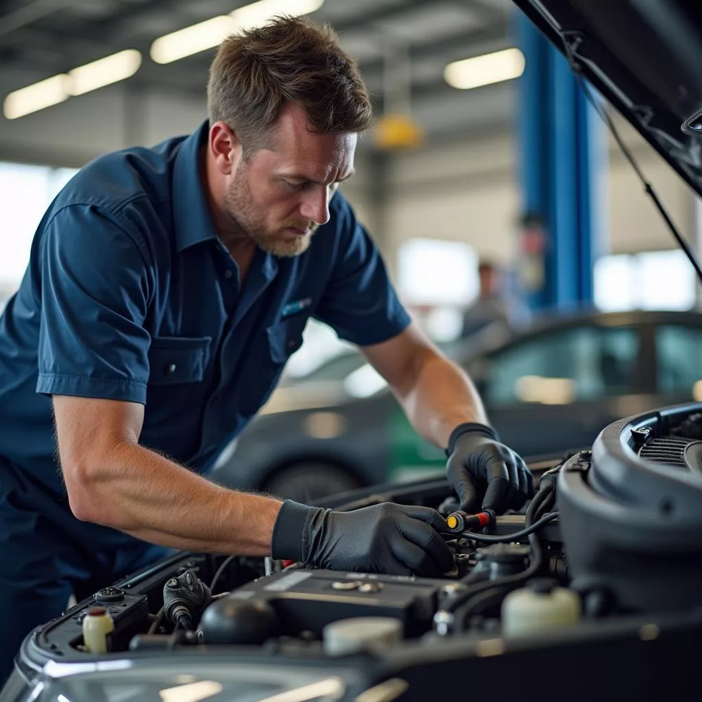 A mechanic inspecting a 2015 Honda at a reputable garage