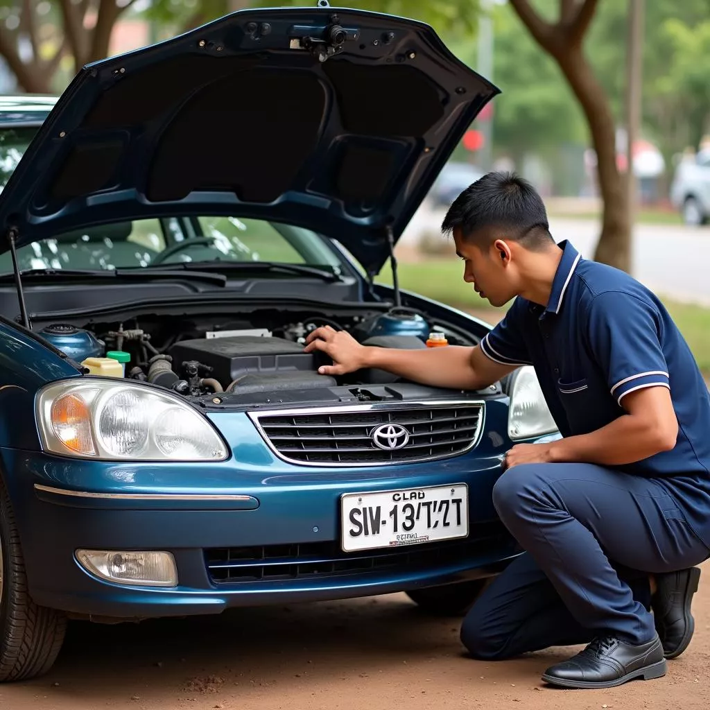 Inspecting the engine of a Lao car
