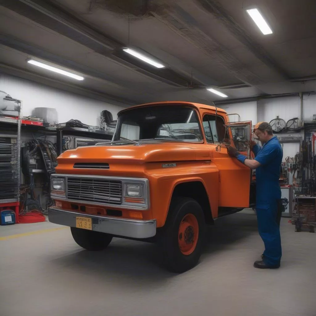 ky-thuat-vien-dang-kiem-tra-xe-tai-trong-gara