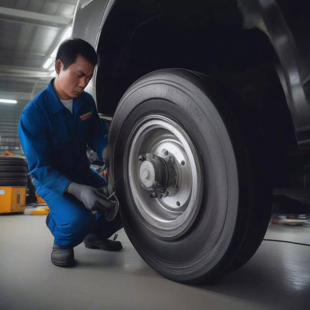 Kỹ thuật viên kiểm tra lốp xe