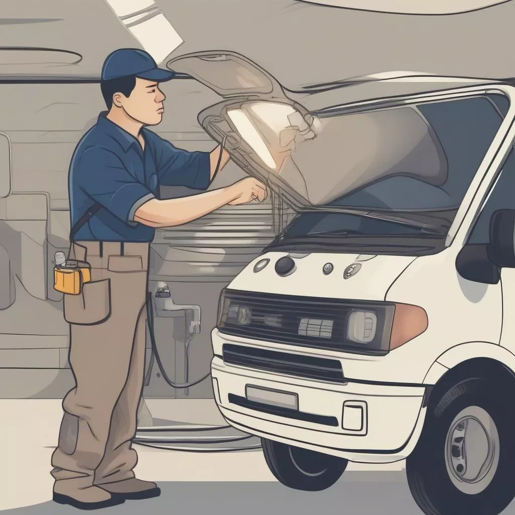 Technician inspecting a truck's AC system