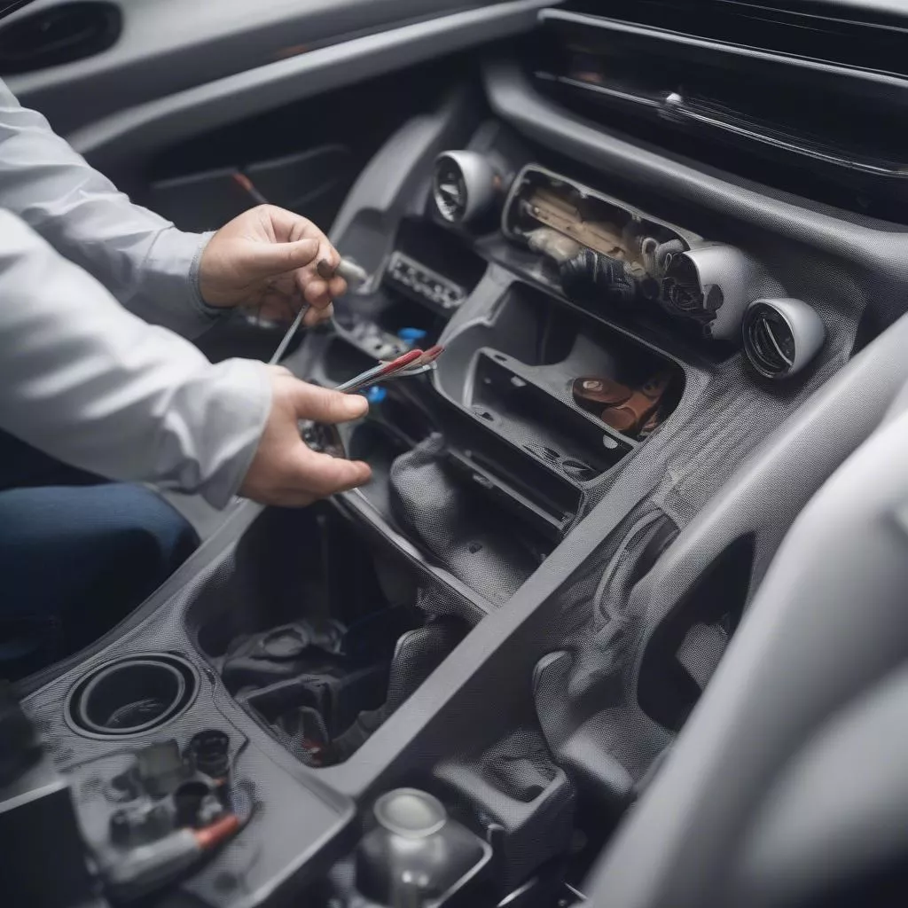 Technician installing car interior