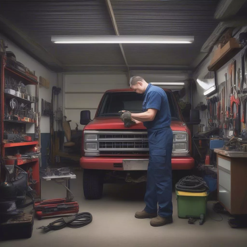 Automotive Technician Performing Maintenance in a Garage