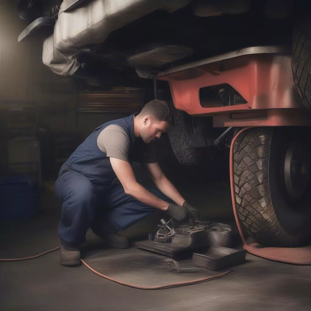 Technician Repairing a Truck at Nam Ha Auto Garage