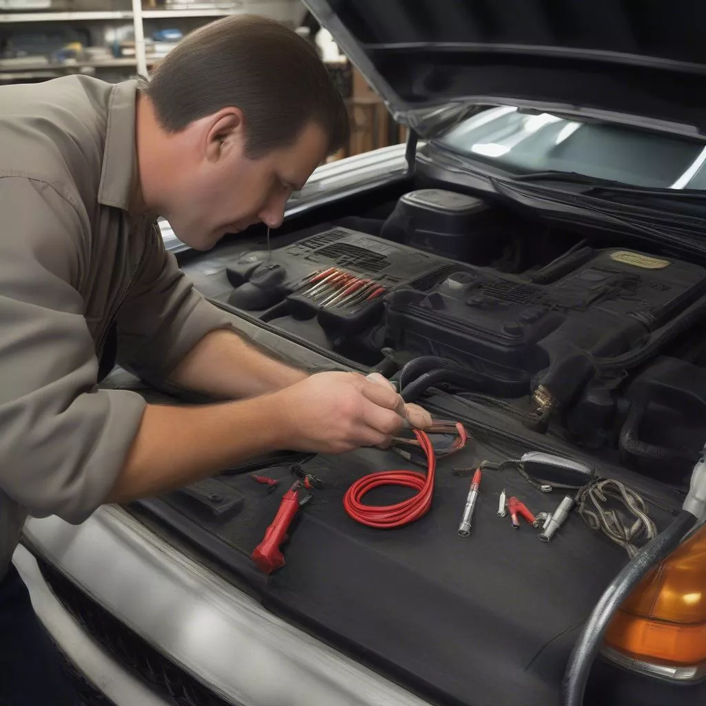 在修理厂更换卡车高压线