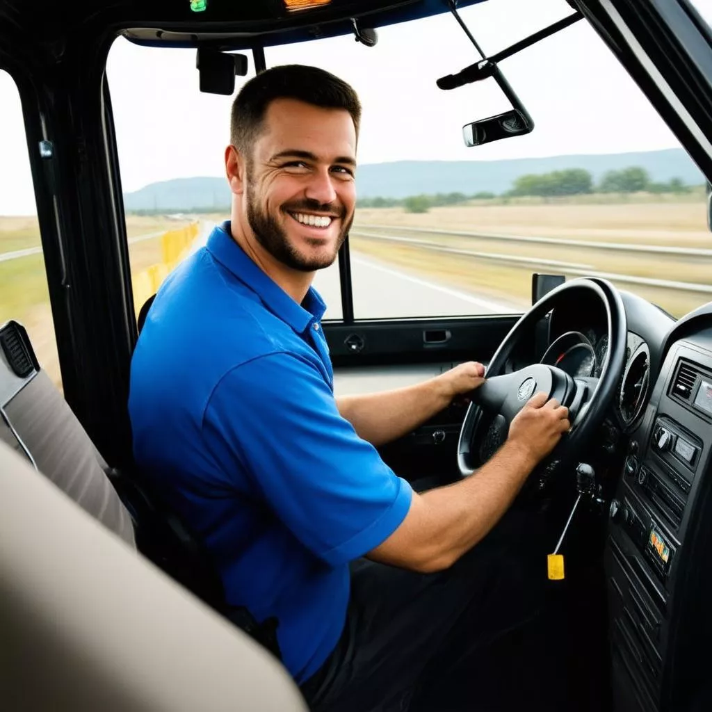 Hình ảnh người lái xe tải đang mỉm cười và lái xe an toàn