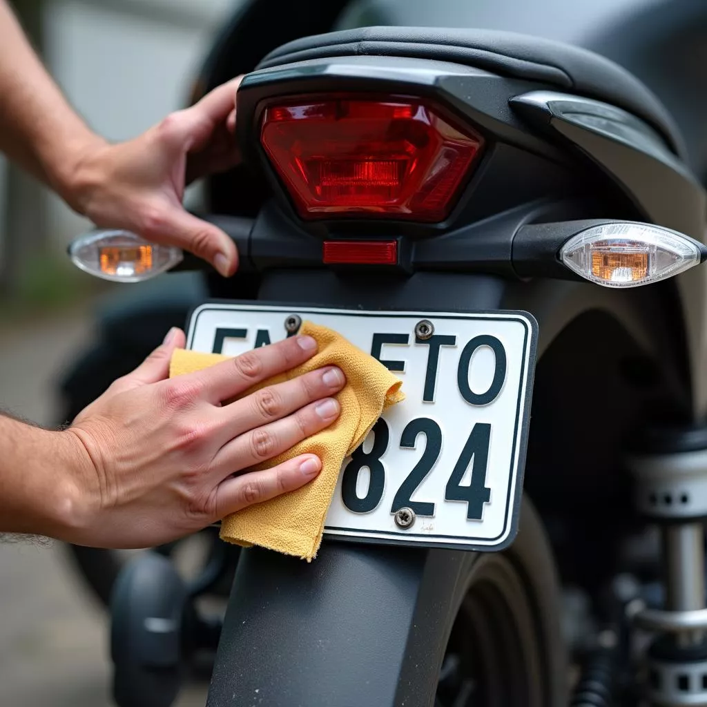 Hình ảnh người đàn ông lau biển số xe máy