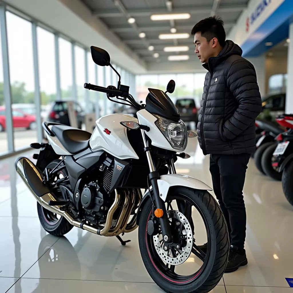 Customer examining a Suzuki Raider at a dealership in Quang Ngai