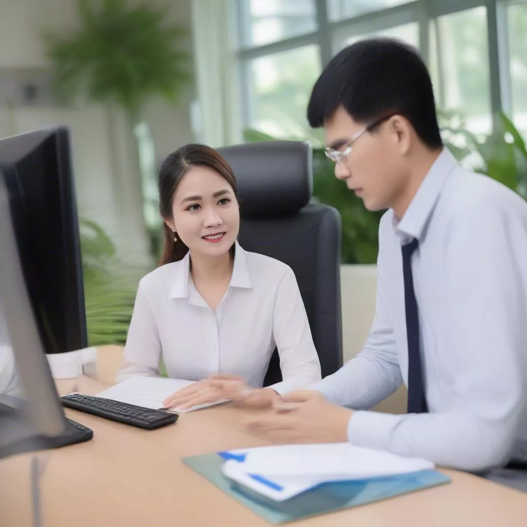 Hình ảnh nhân viên tư vấn của Xe Tải Hà Nội đang hỗ trợ khách hàng