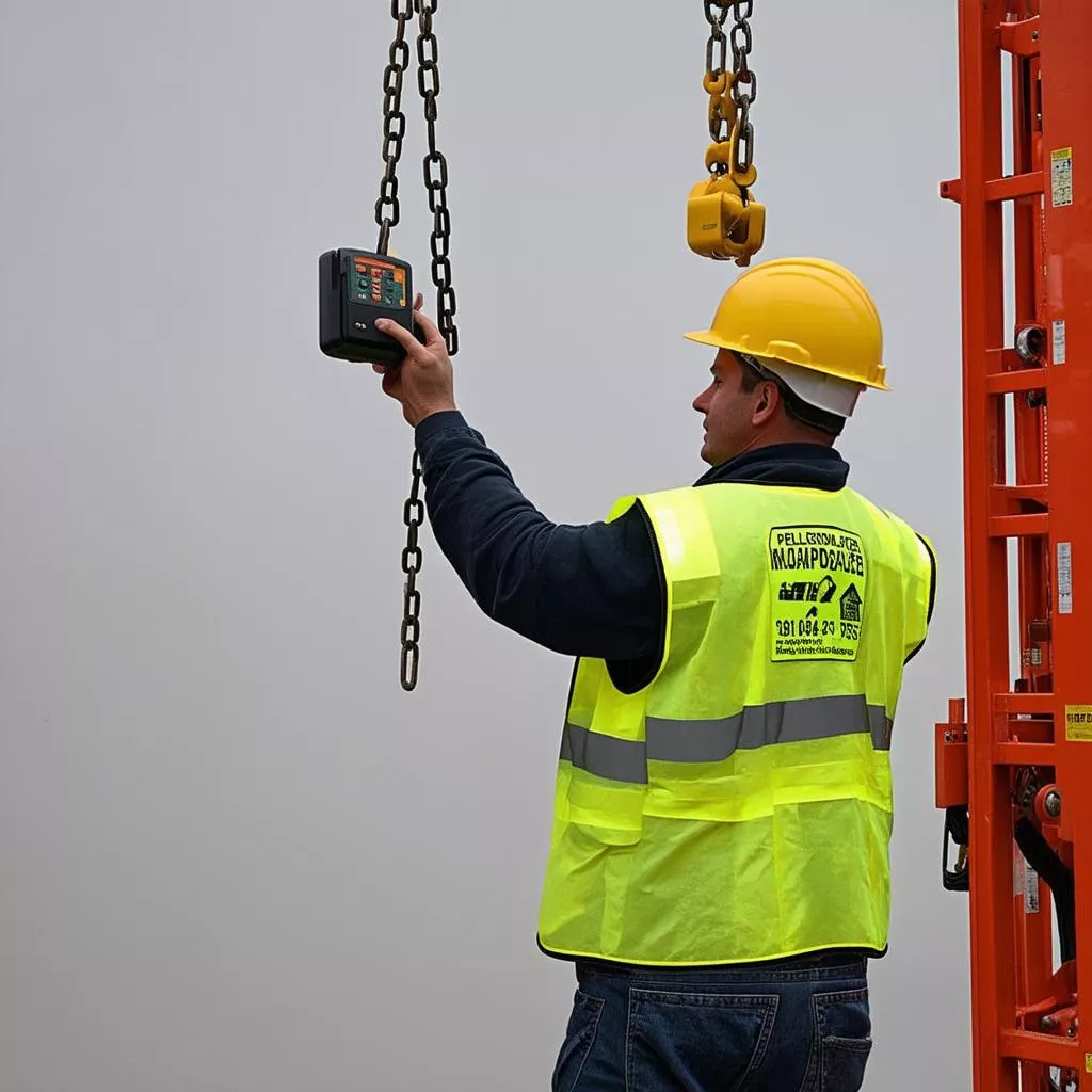 Người công nhân đang sử dụng pa lăng xích