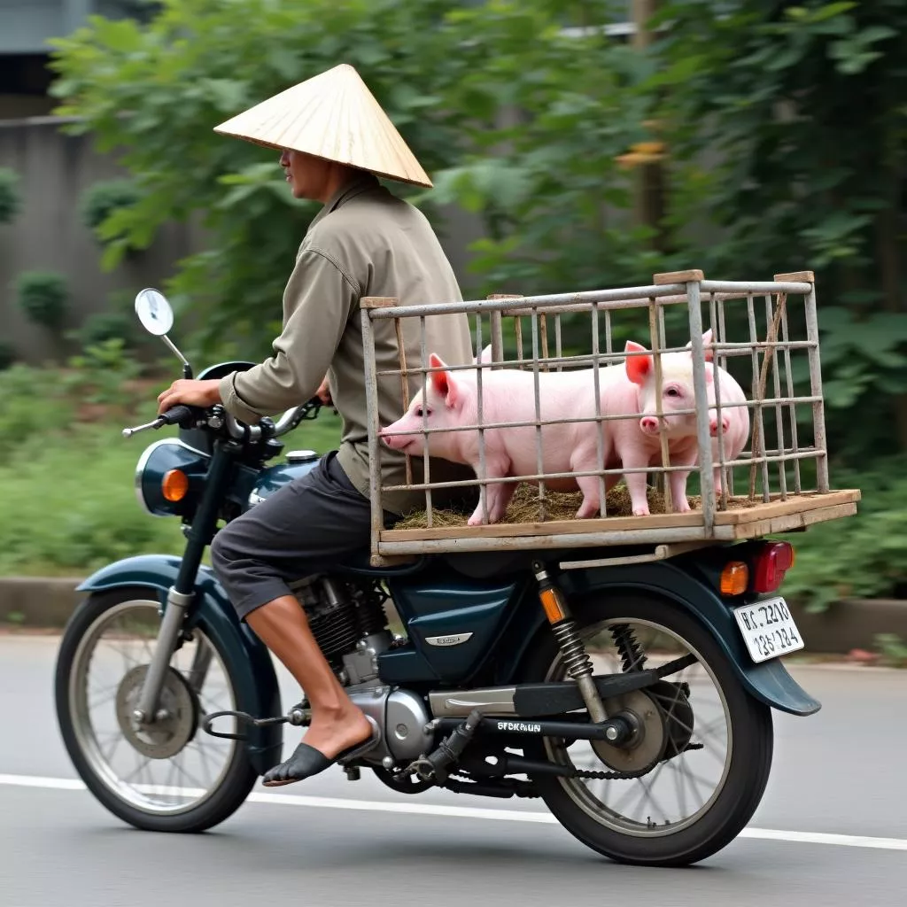 Người dân dùng xe máy chở lợn