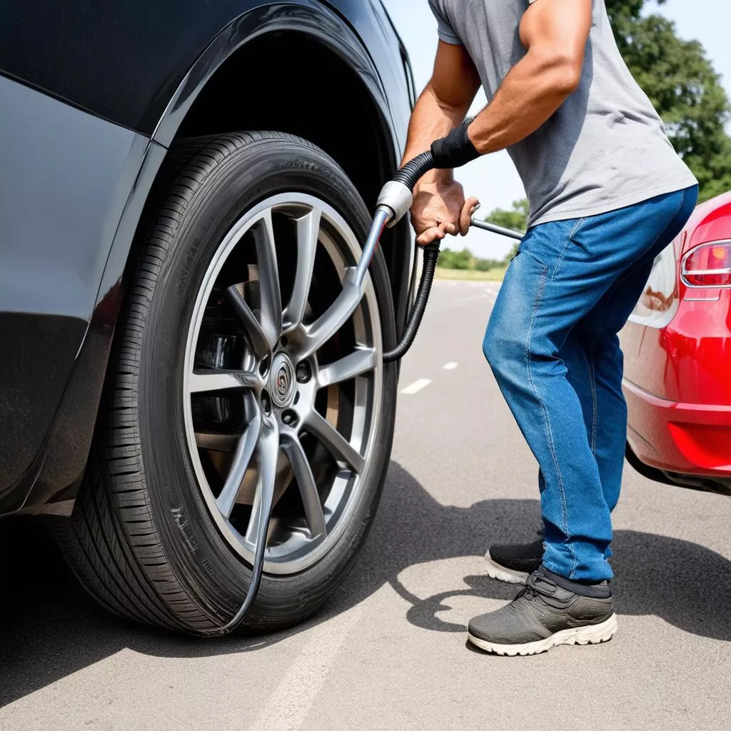 Uomo che gonfia lo pneumatico di un'auto