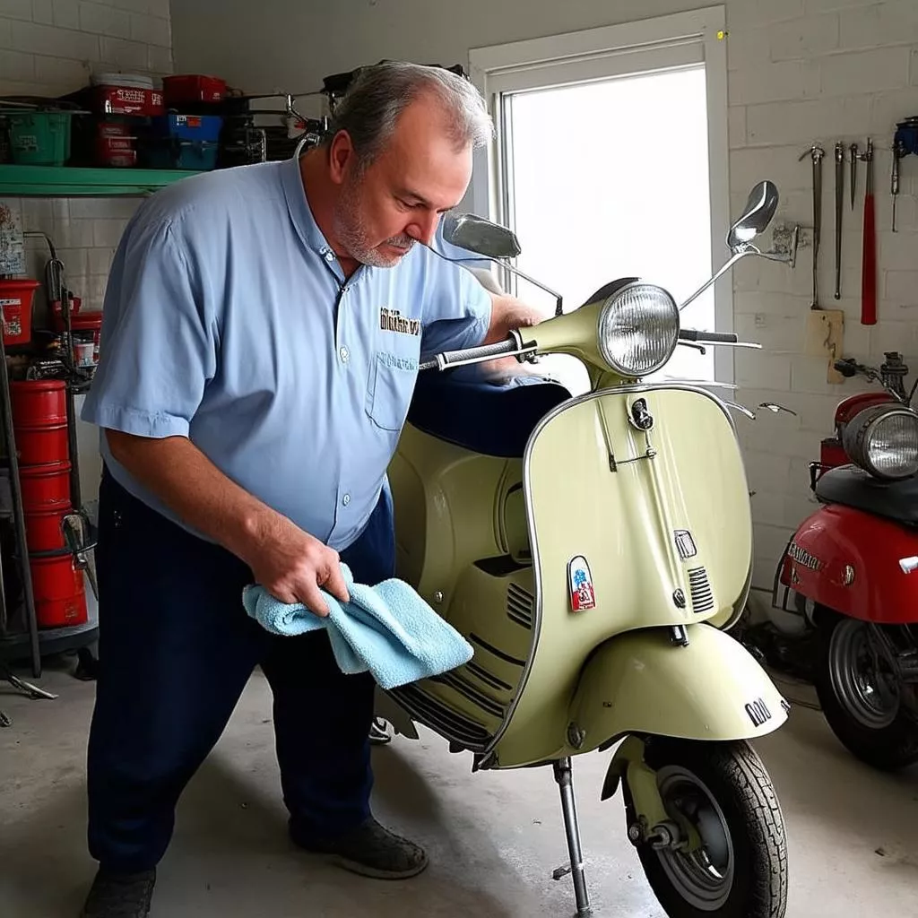 Người đàn ông đang lau xe Vespa