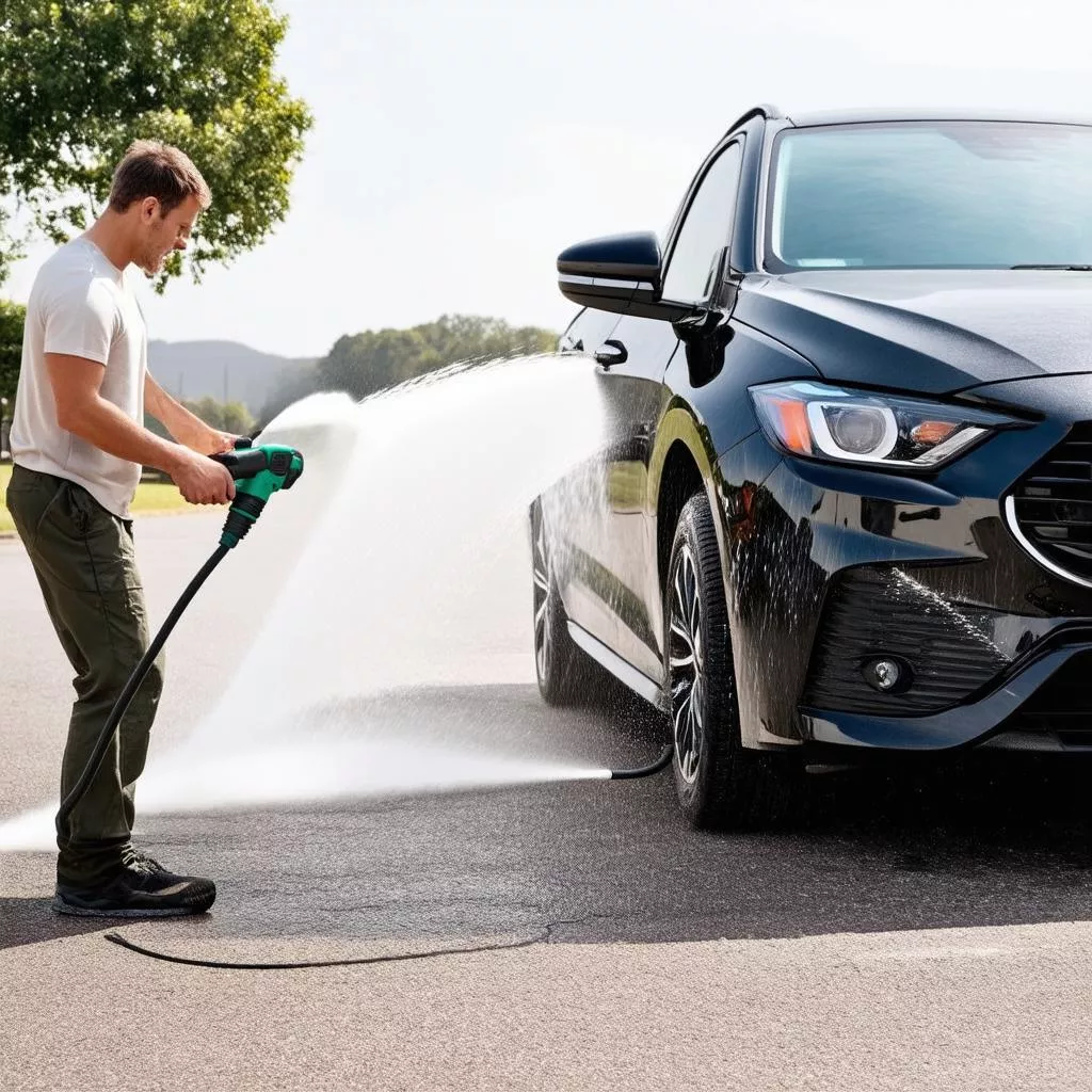 Người đàn ông đang rửa xe với bơm cao áp