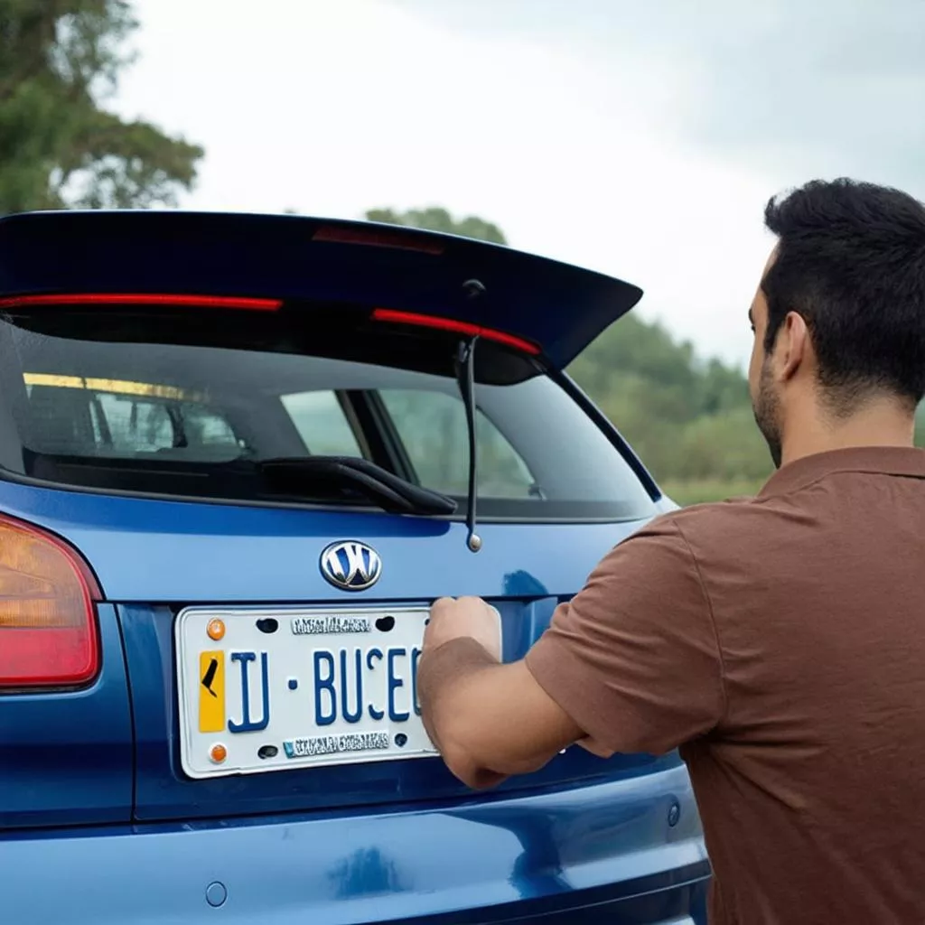 Homme examinant une plaque d'immatriculation