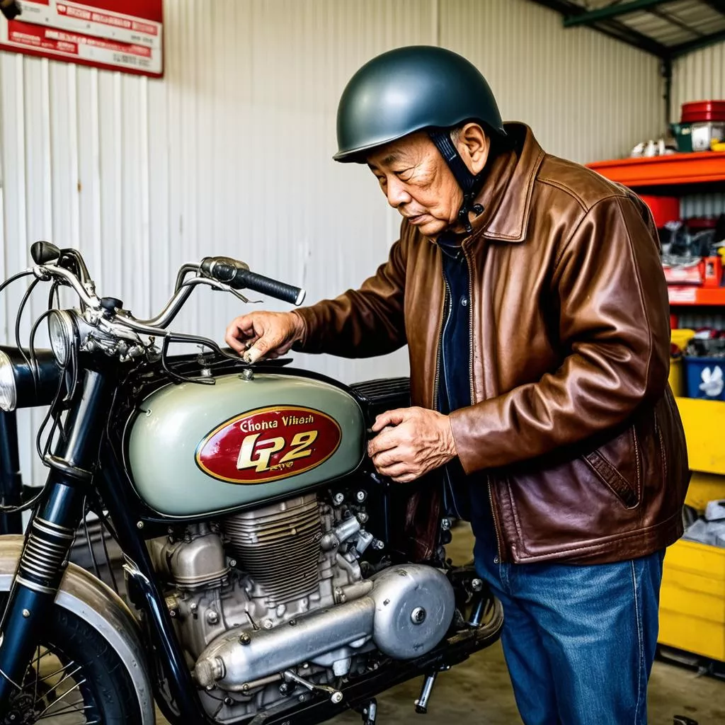 Man inspecting an 82 motorcycle