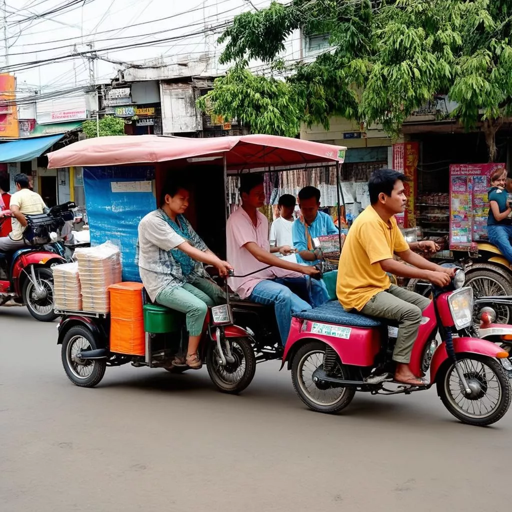 People using a three-wheel vehicle