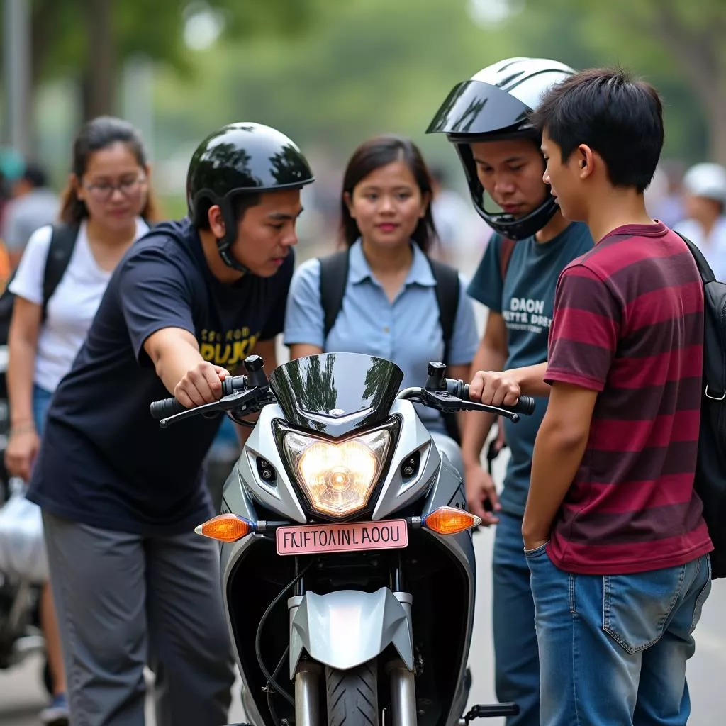 People examining a license plate