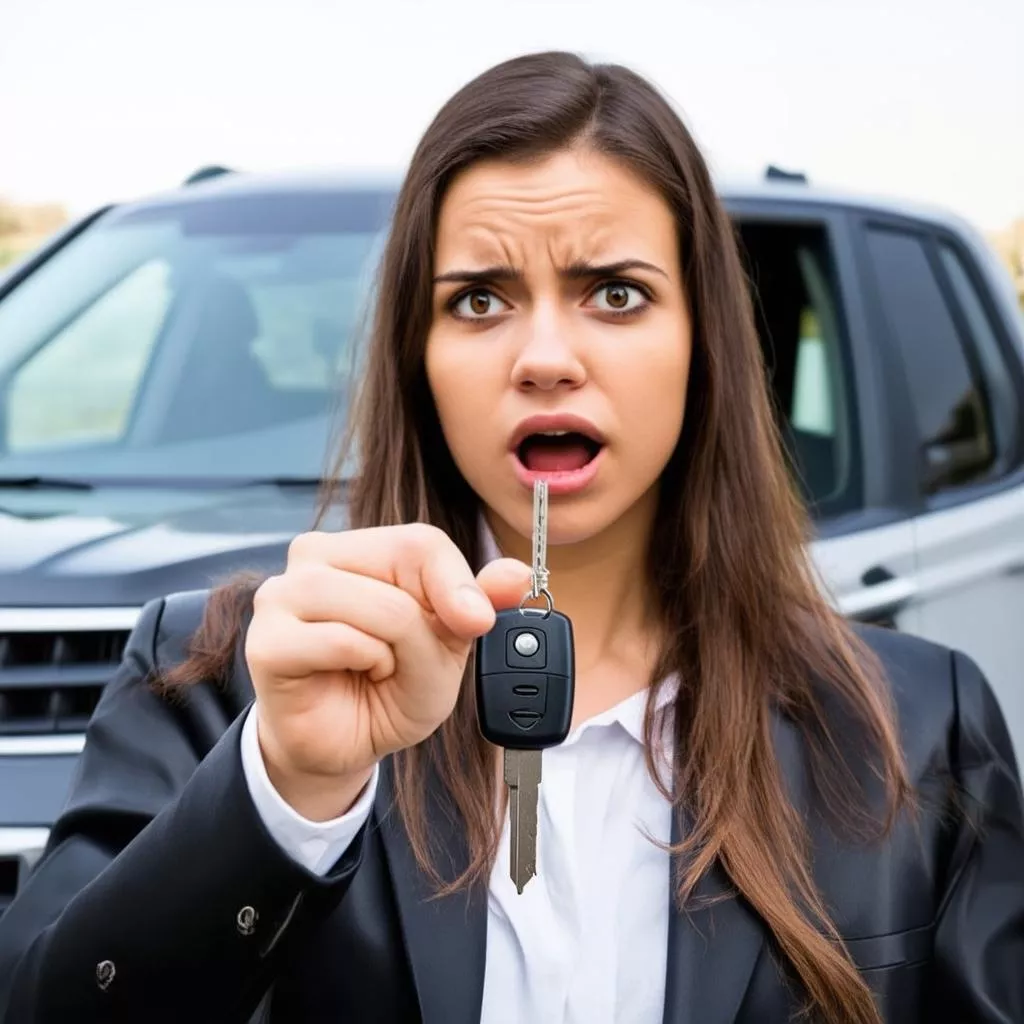 A woman holding a car key looking confused in front of her car