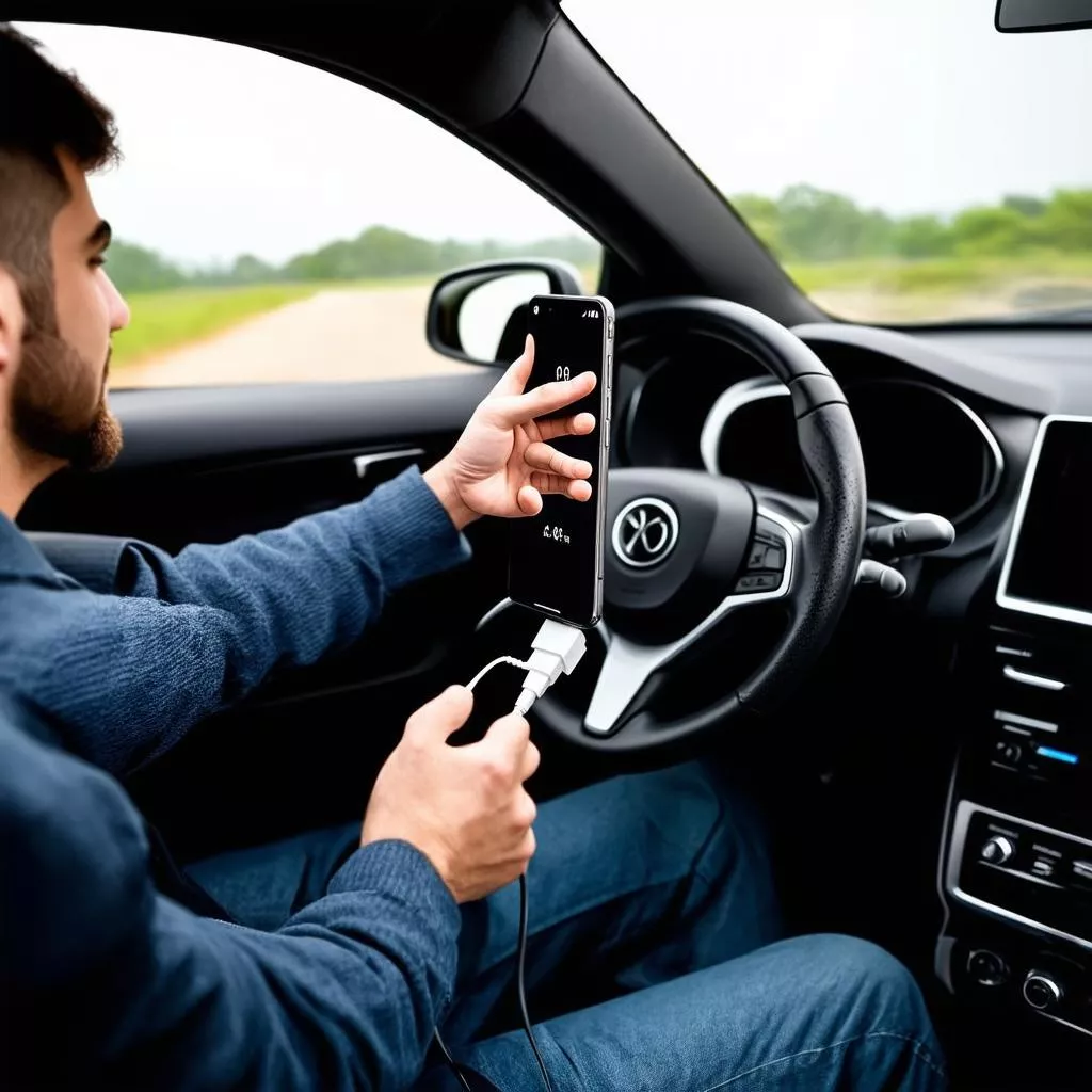Người Đàn Ông Lái Xe Vừa Sạc Điện Thoại