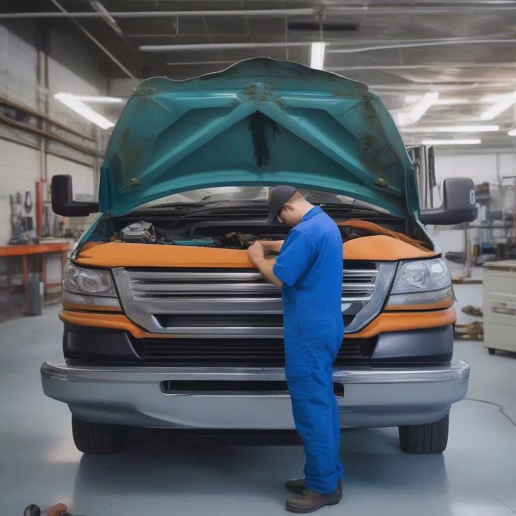 Nhân viên kiểm tra xe tải bị hư hỏng