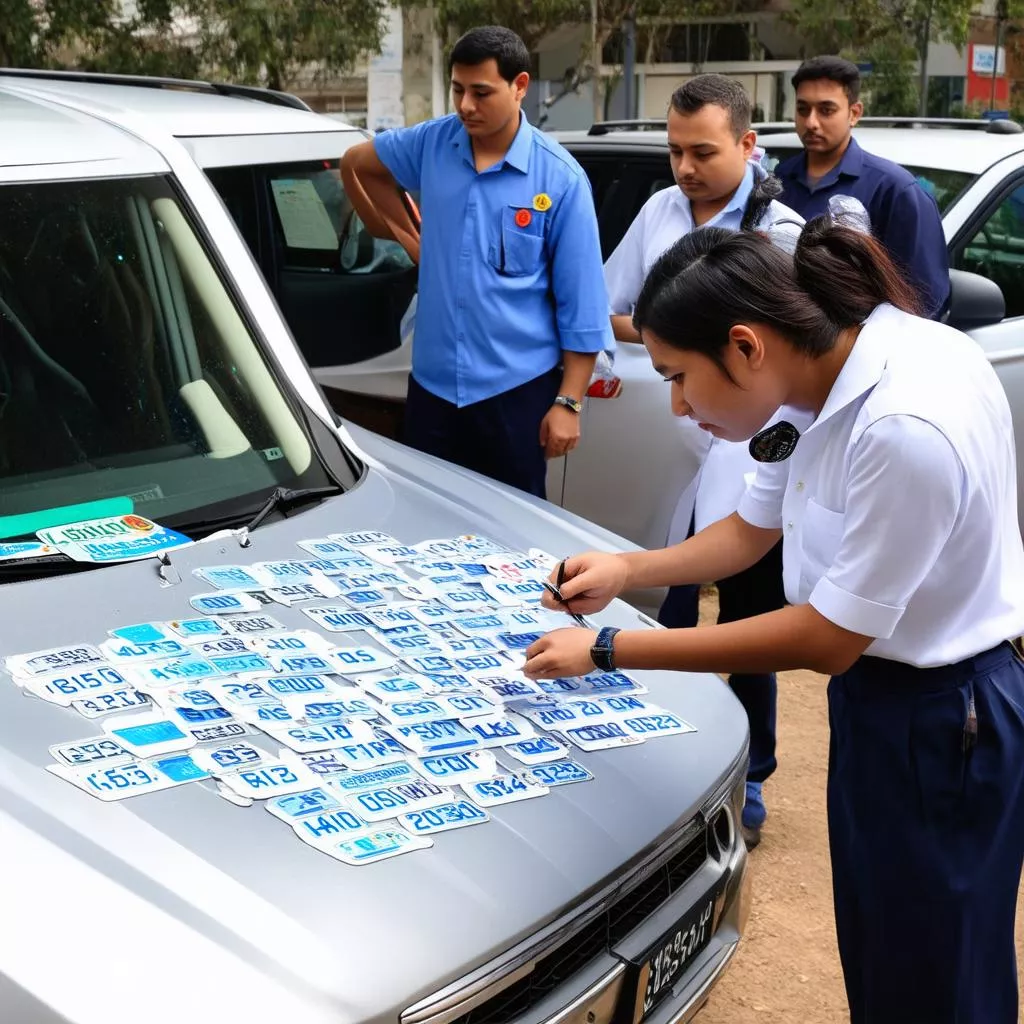Nhân viên đang đăng ký biển số xe