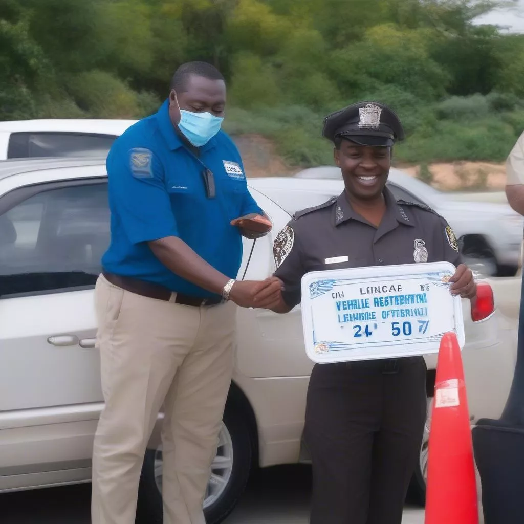 Nhân viên đăng ký xe trao biển số mới