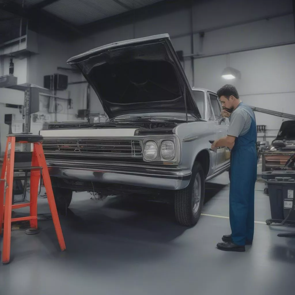 Mitarbeiter prüft ein Auto bei der HU