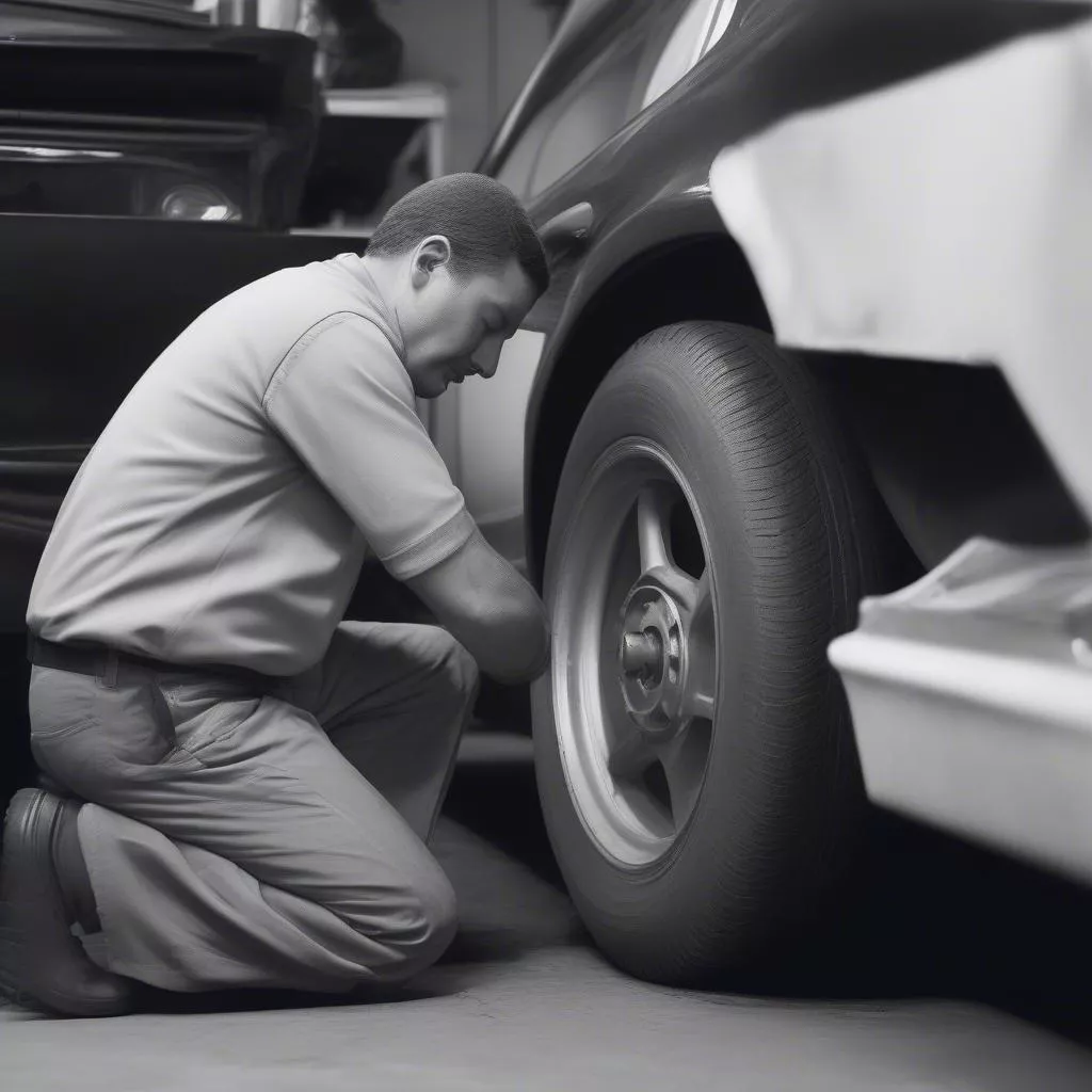 Tecnico che controlla un pneumatico usato