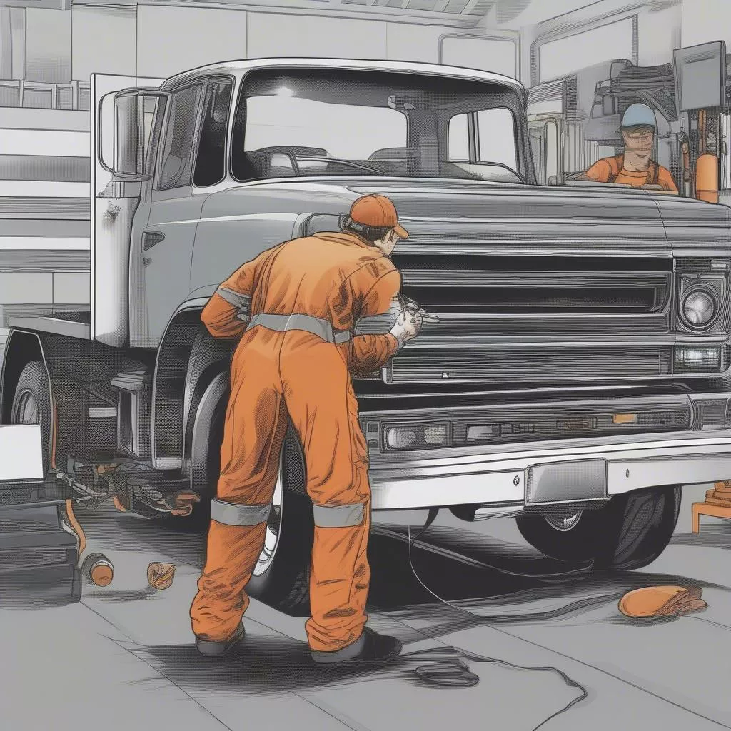 A mechanic inspecting a truck during routine maintenance.