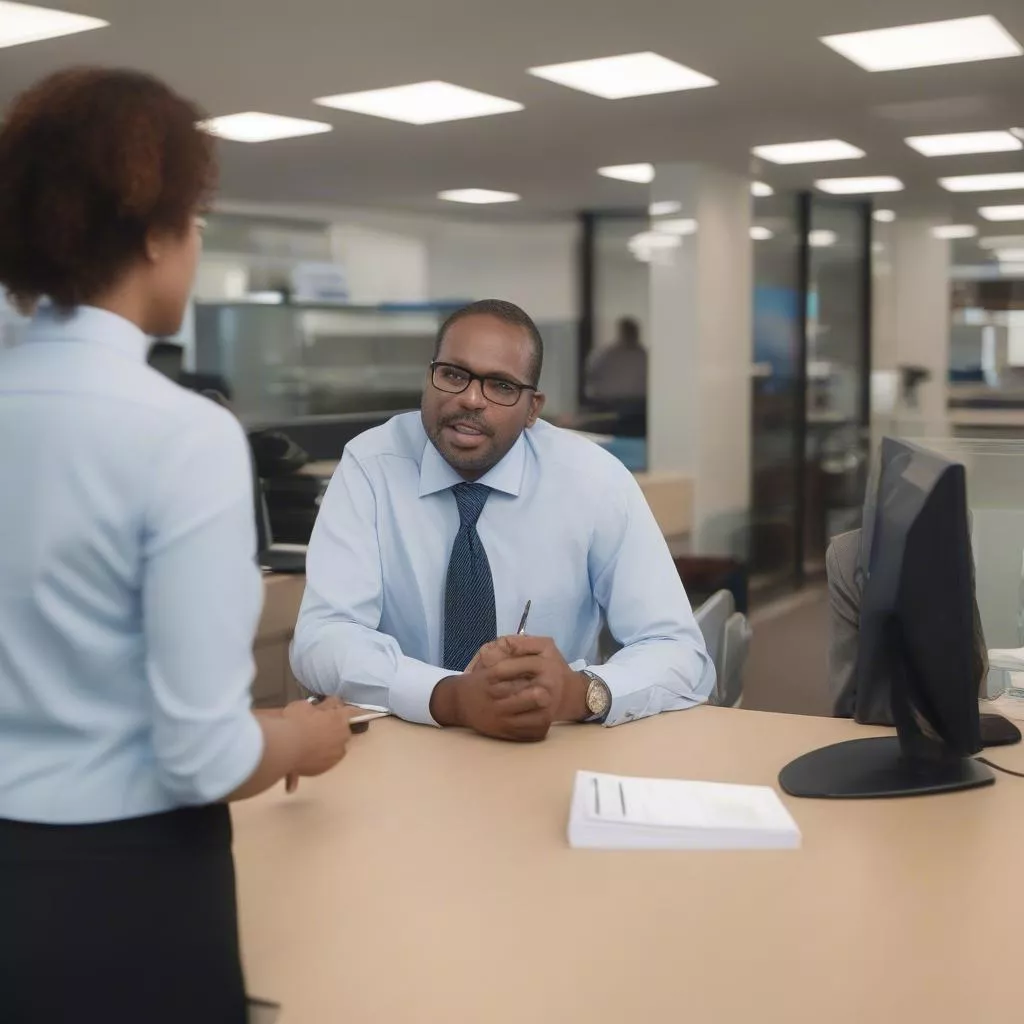 Nhân viên ngân hàng đang trao đổi với khách hàng