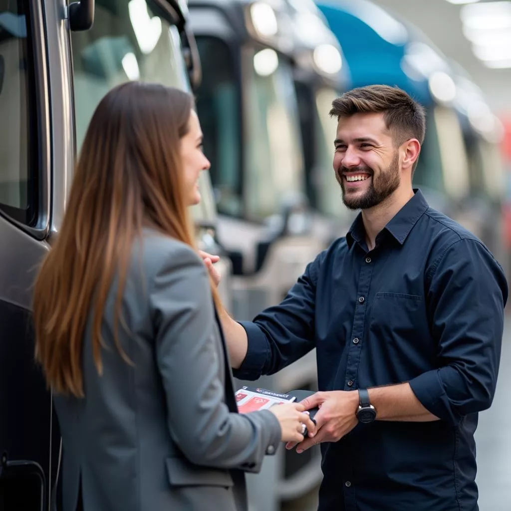 工作人员为客户选择卡车提供咨询