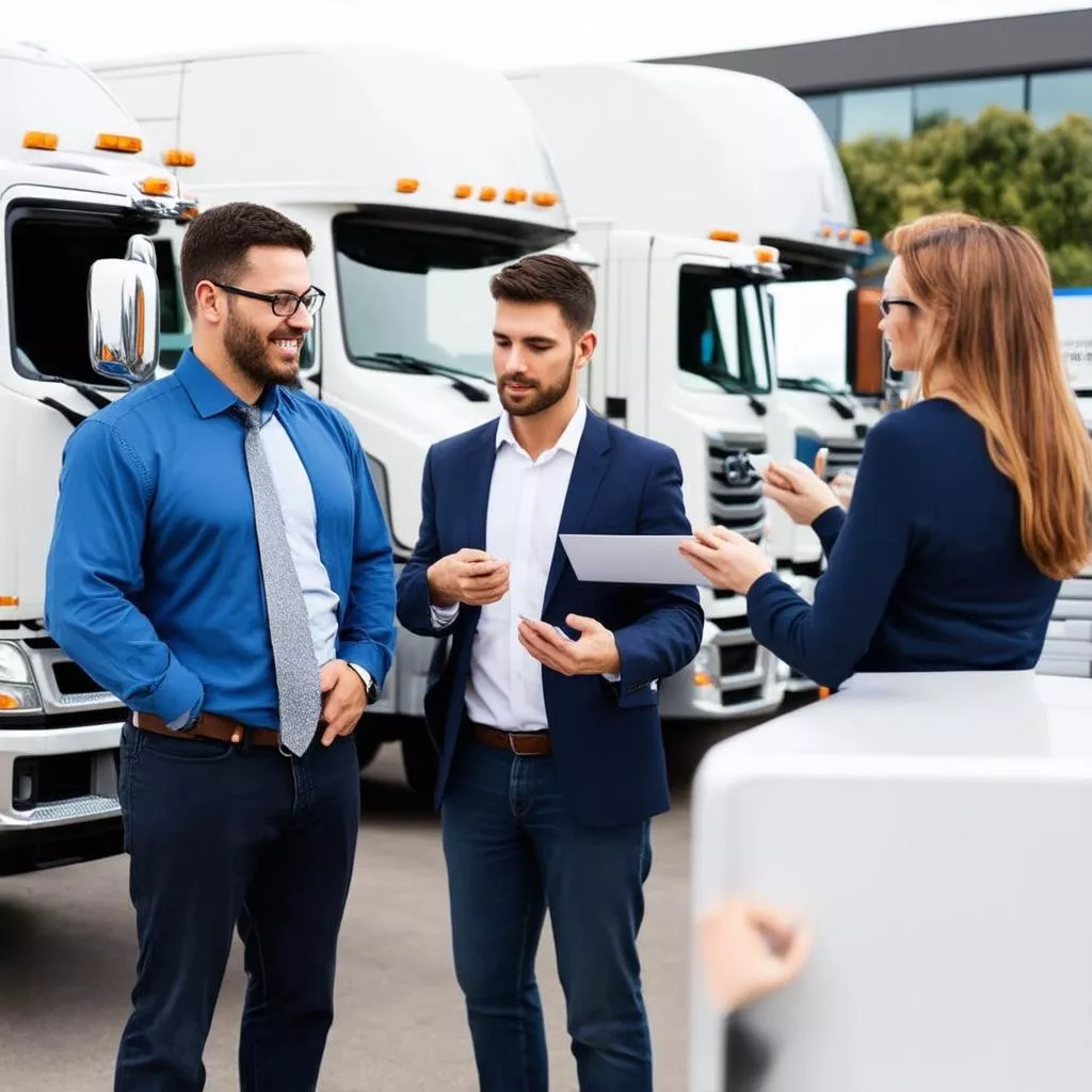 卡车经销商顾问正在为客户提供购车咨询，背景是各种卡车模型