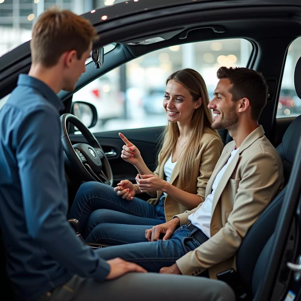 Consultant assisting visitors at an auto show