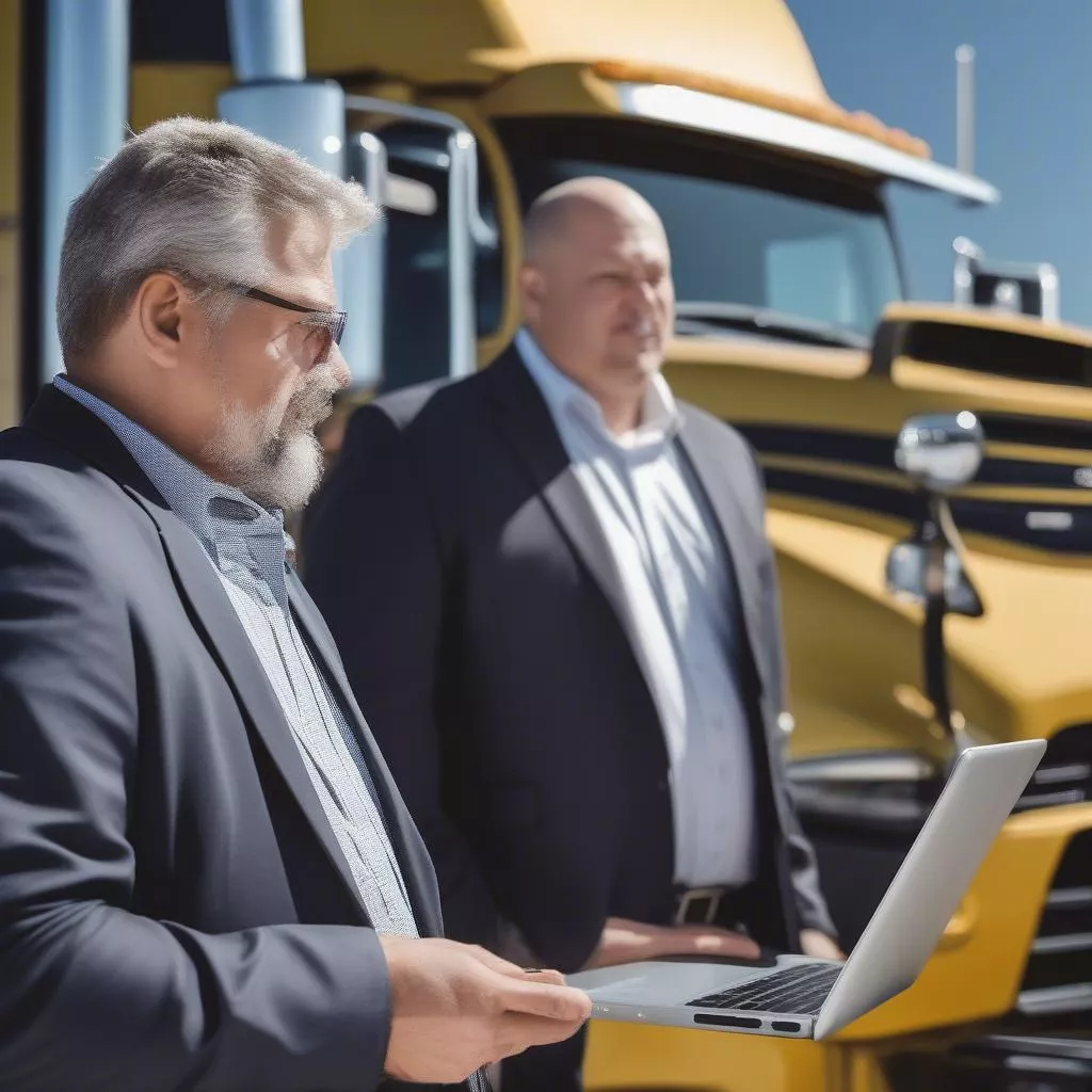 Professional sales consultant assisting customer with truck selection