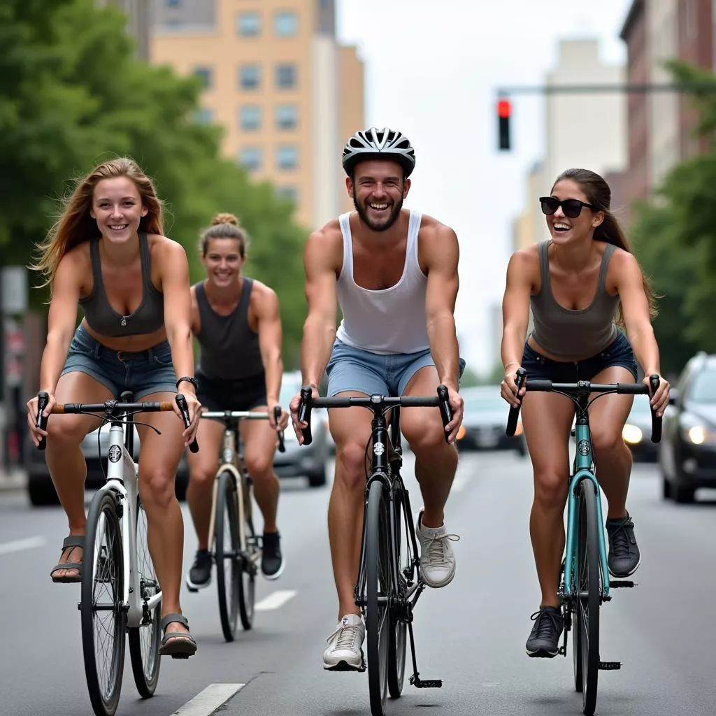 Group of young people riding Fixed Gear bikes on the street