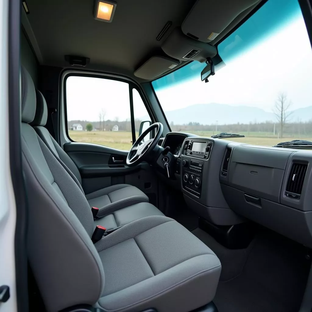 Interior espaçoso e confortável da cabine de um camião japonês