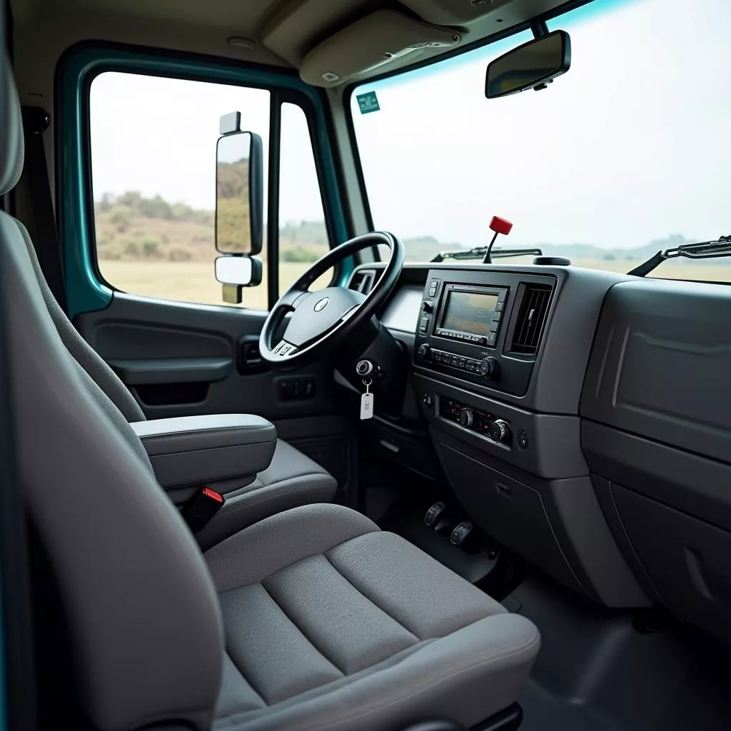 Nội thất xe tải Daehan 1t9 với vô lăng và bảng điều khiển hiện đại