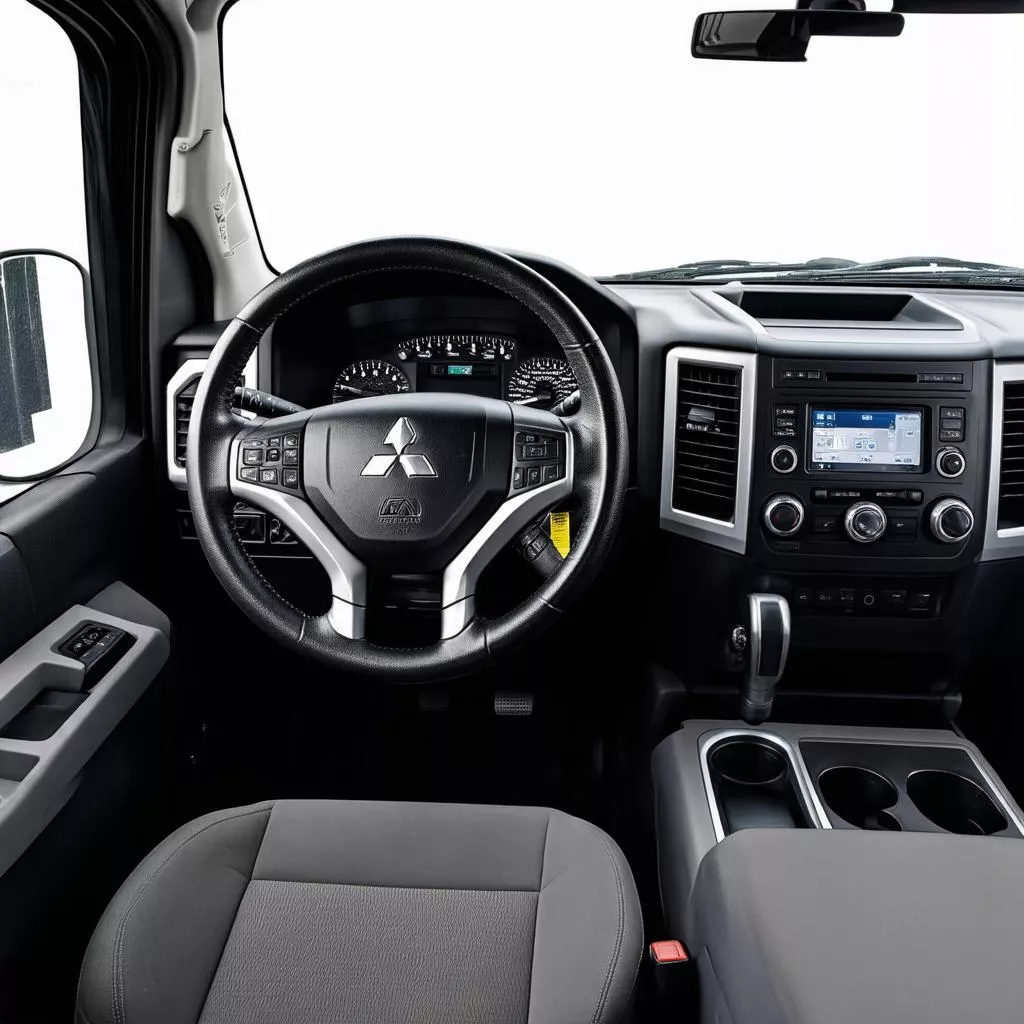 Nội thất xe tải Mitsubishi 1.7 tấn với vô lăng và ghế lái