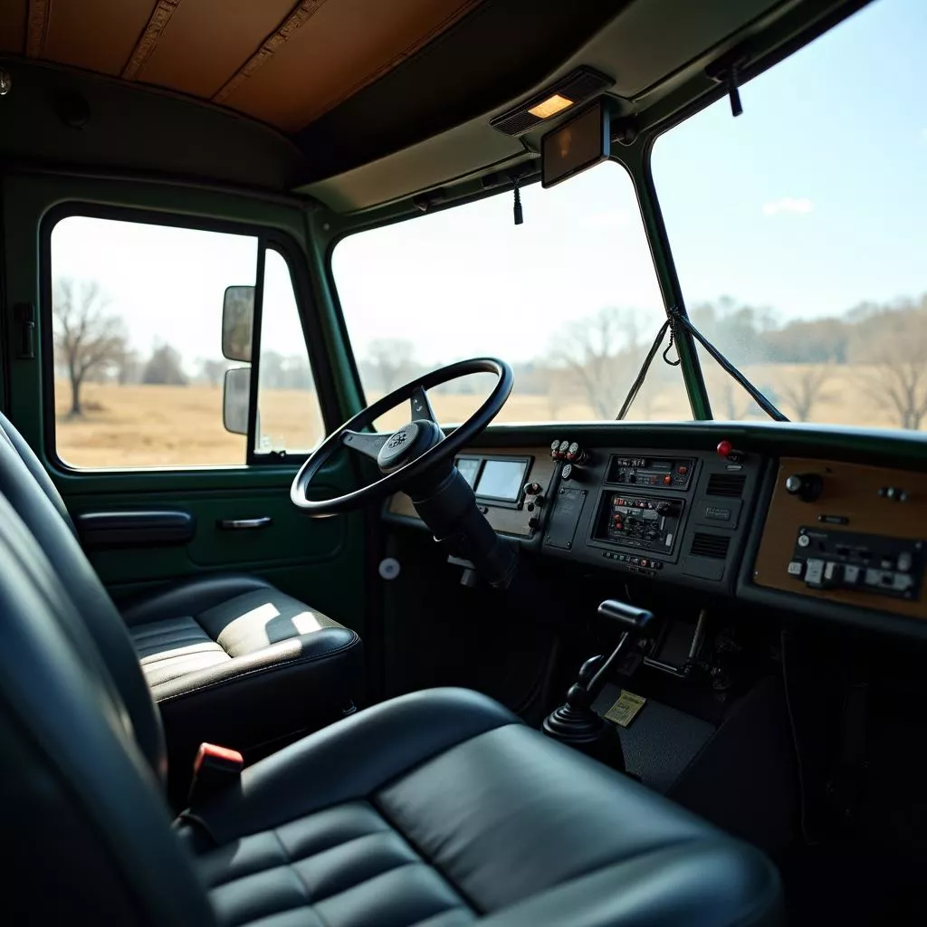 Thaco truck interior with steering wheel, gear shift, and dashboard.
