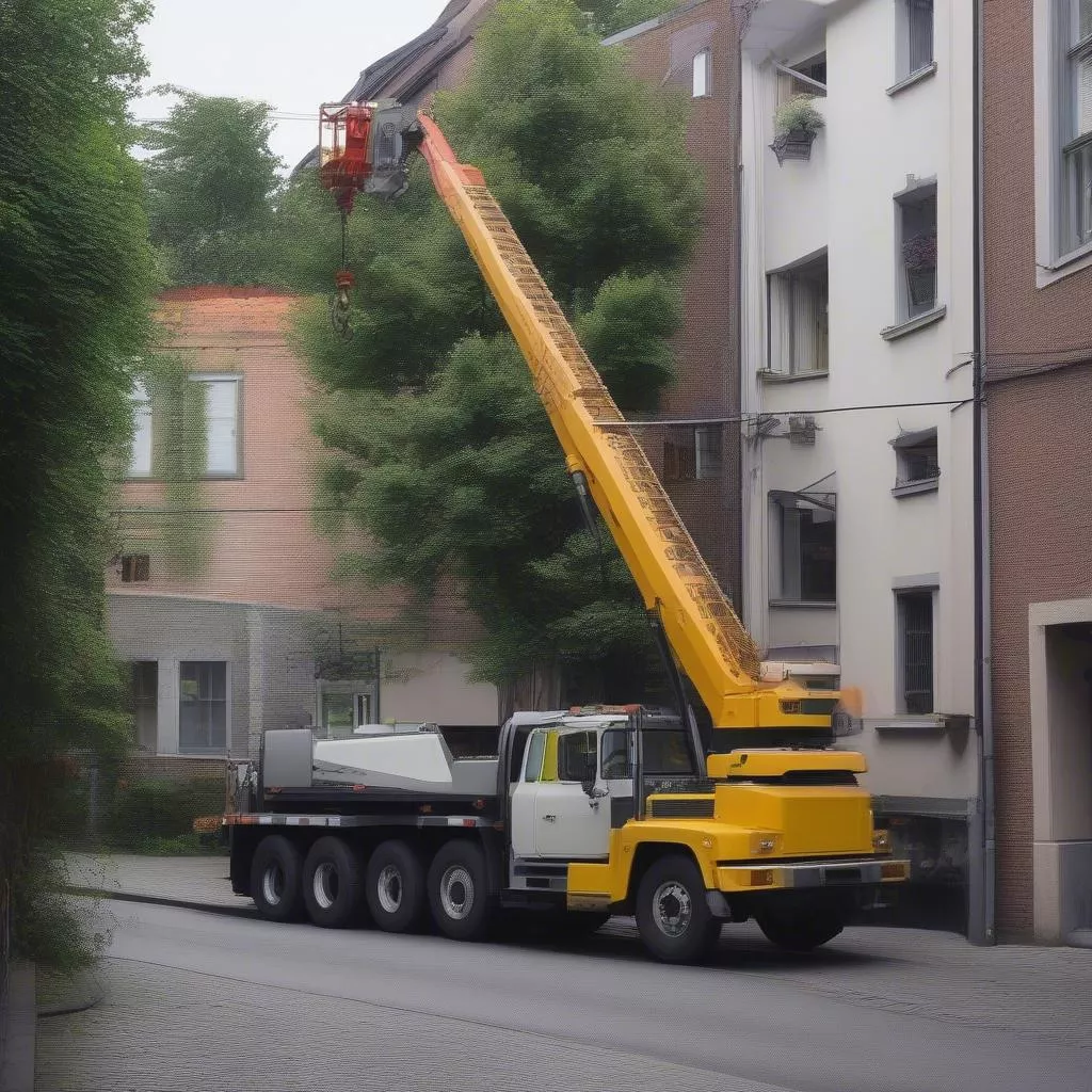 Ô tô cần cẩu xúc cát di chuyển trên đường ngõ hẹp