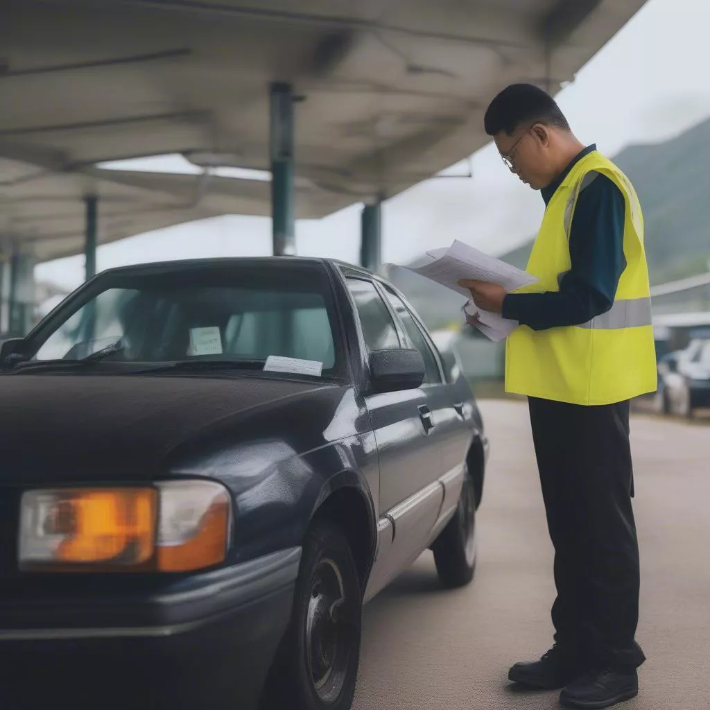 Petugas memeriksa dokumen kendaraan di tempat uji KIR