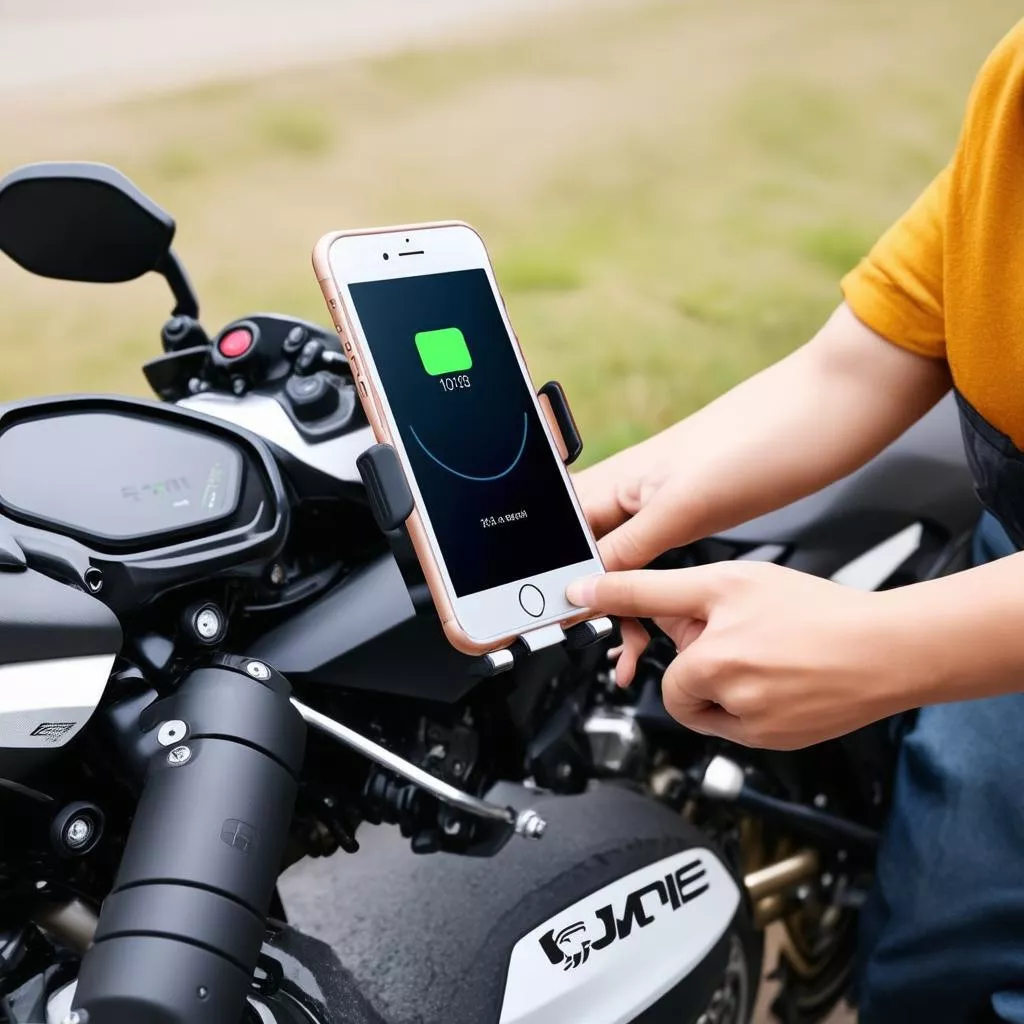 Sử dụng giá đỡ điện thoại xe máy có sạc